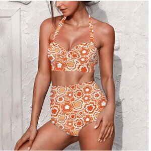 Swimsuit - Women's Retro Ruched Ruffle High Waist Bikini Set